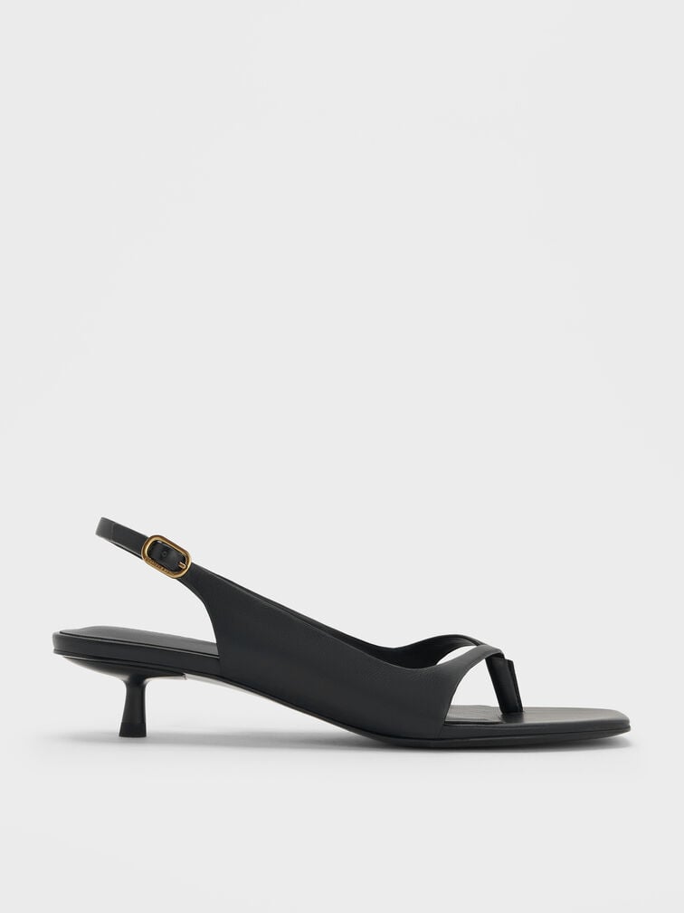 Rayne Square-Toe Kitten-Heel Thong Slingback Sandals, Black, hi-res