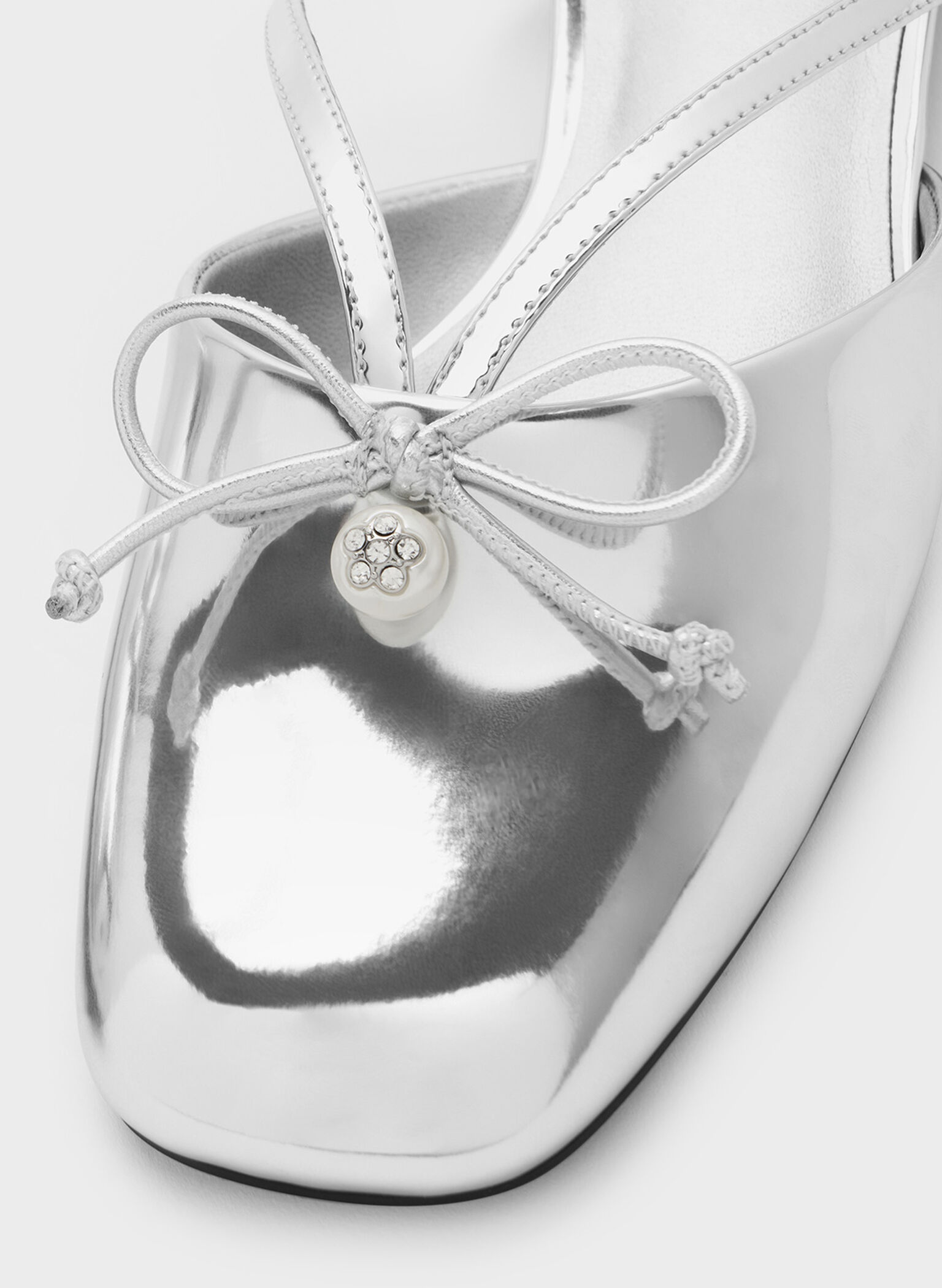 Metallic Pearl-Accent Bow Flat Mules, Silver, hi-res
