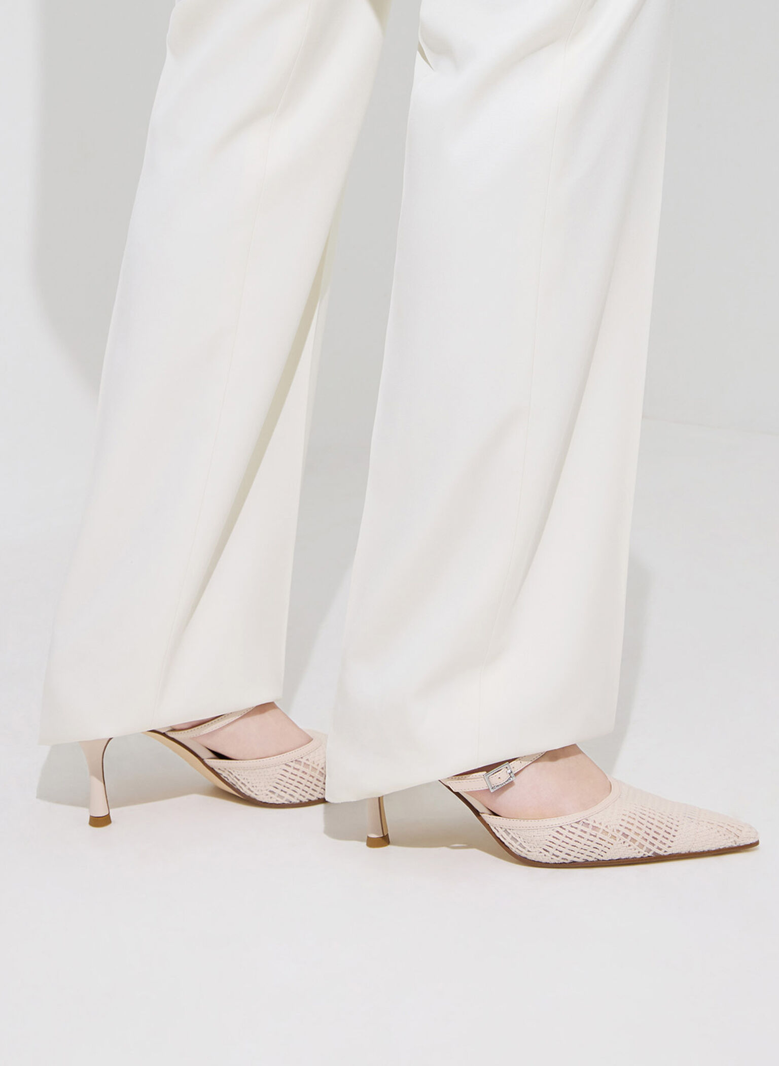Mesh Woven Heeled Mules, Cream, hi-res