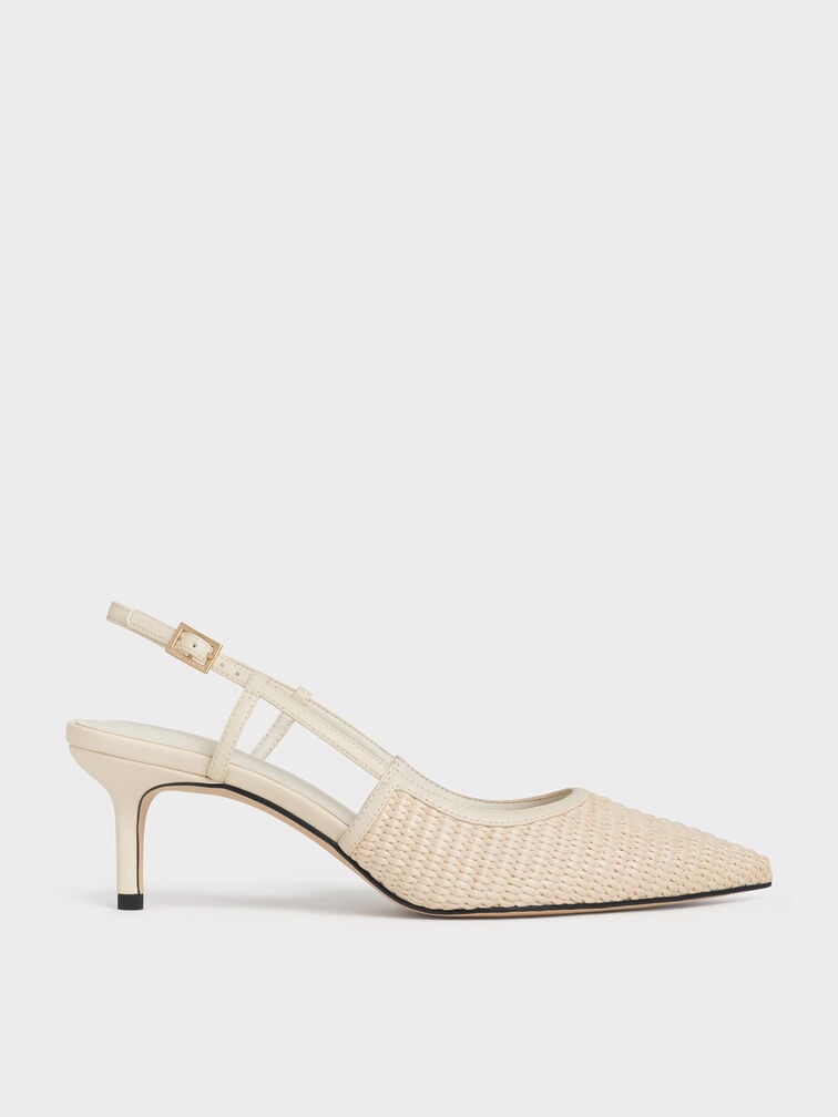 Raffia Pointed-Toe Slingback Pumps, Chalk, hi-res