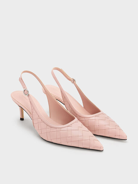 Woven Pointed-Toe Slingback Pumps, Light Pink, hi-res