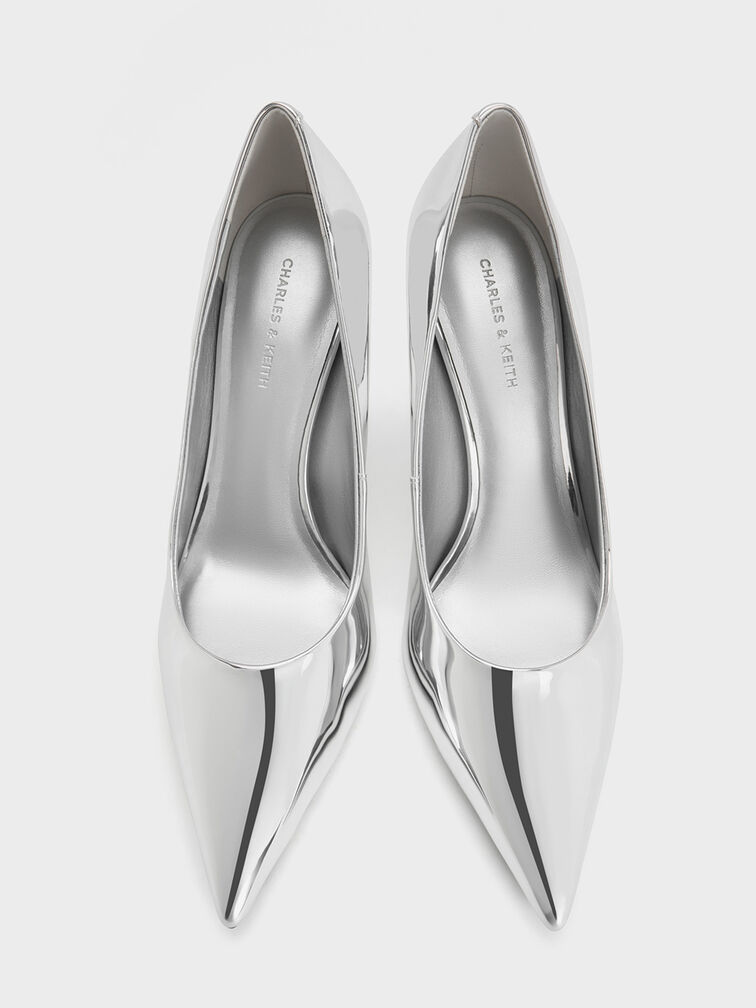 Metallic Cone-Heel Pointed-Toe Pumps, Silver, hi-res