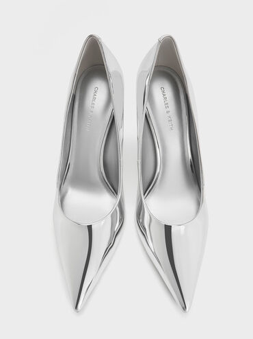 Metallic Cone-Heel Pointed-Toe Pumps, Silver, hi-res