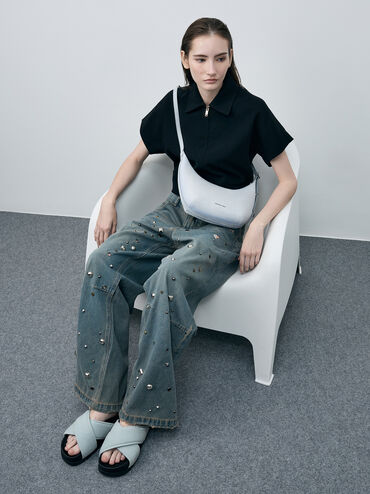 Bryna Denim Curved Hobo Bag, Light Washed Denim, hi-res