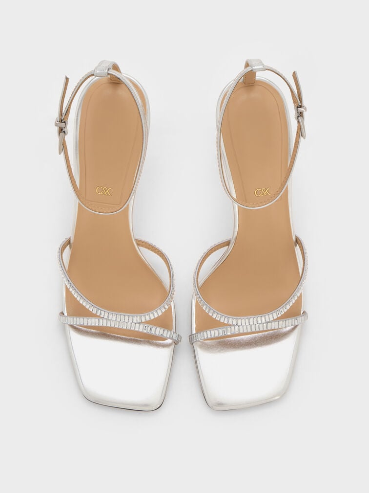 Metallic Leather & Satin Crystal-Embellished Ankle-Strap Sandals, Silver, hi-res