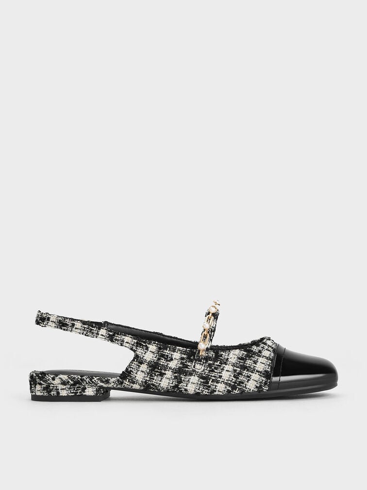 Rio Tweed Beaded Chain-Link Slingback Flats, Black Textured, hi-res