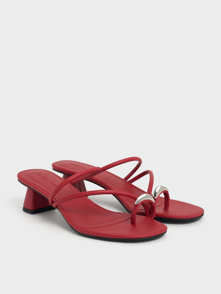 Metallic-Accent Strappy Toe-Ring Heeled Sandals, Red, hi-res
