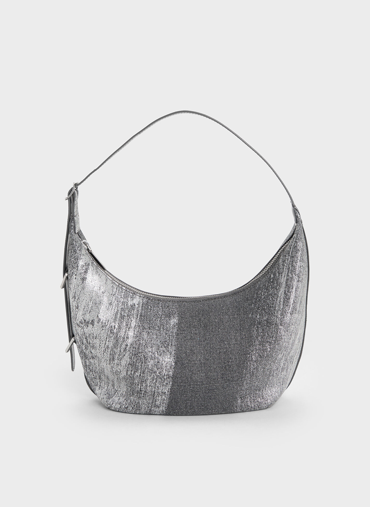 Bryna Denim Curved Hobo Bag, Silver Brushed Denim, hi-res