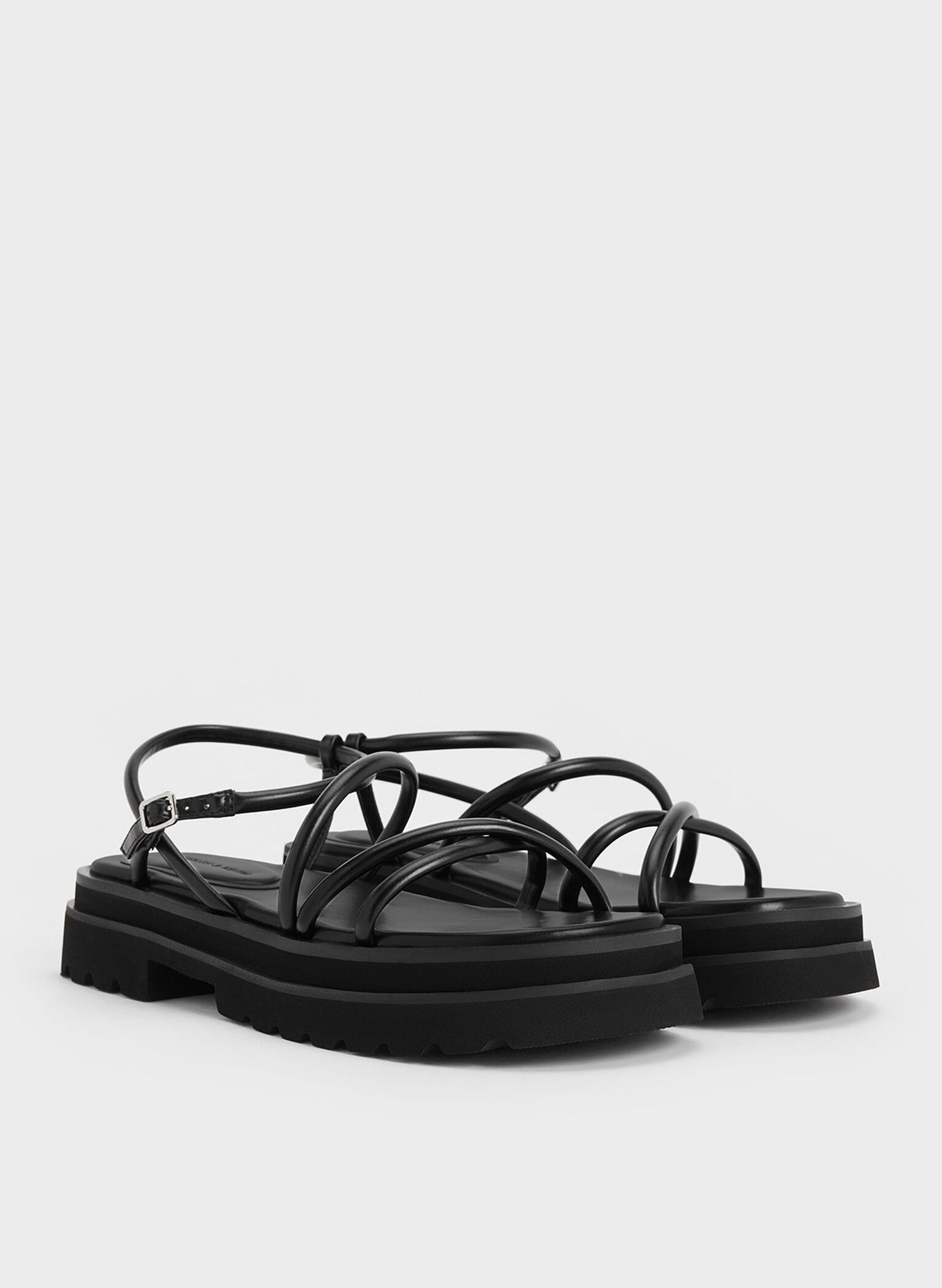 Tubular Strap Sandals, Black, hi-res