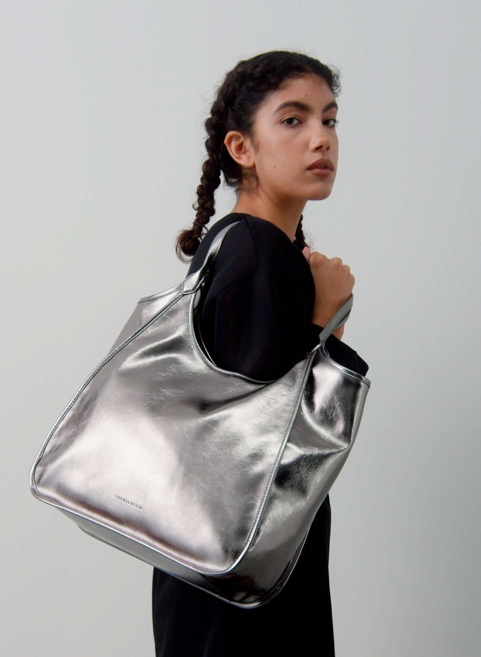 Sianna Metallic Crinkle-Effect Slouchy Tote Bag, Pewter, hi-res