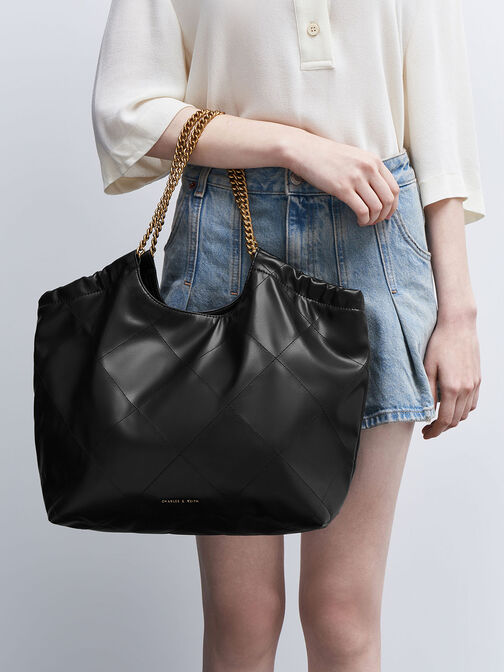 Braided Handle Tote Bag, Black, hi-res