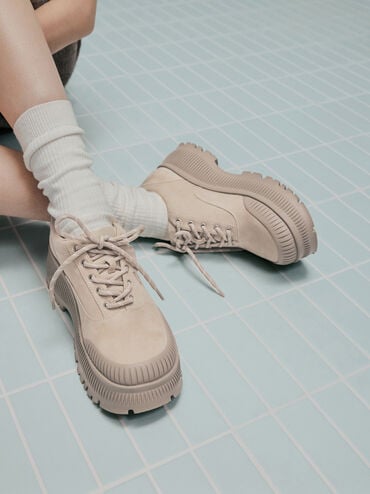 Darra Faux Suede Ridged-Sole Platform Sneakers, Beige, hi-res