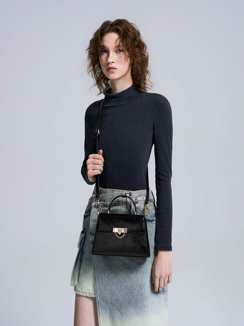Tallulah Snake-Print Trapeze Top Handle Bag, Black, hi-res