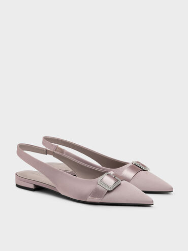Satin Crystal-Buckle Pointed-Toe Slingback Flats, Mauve, hi-res
