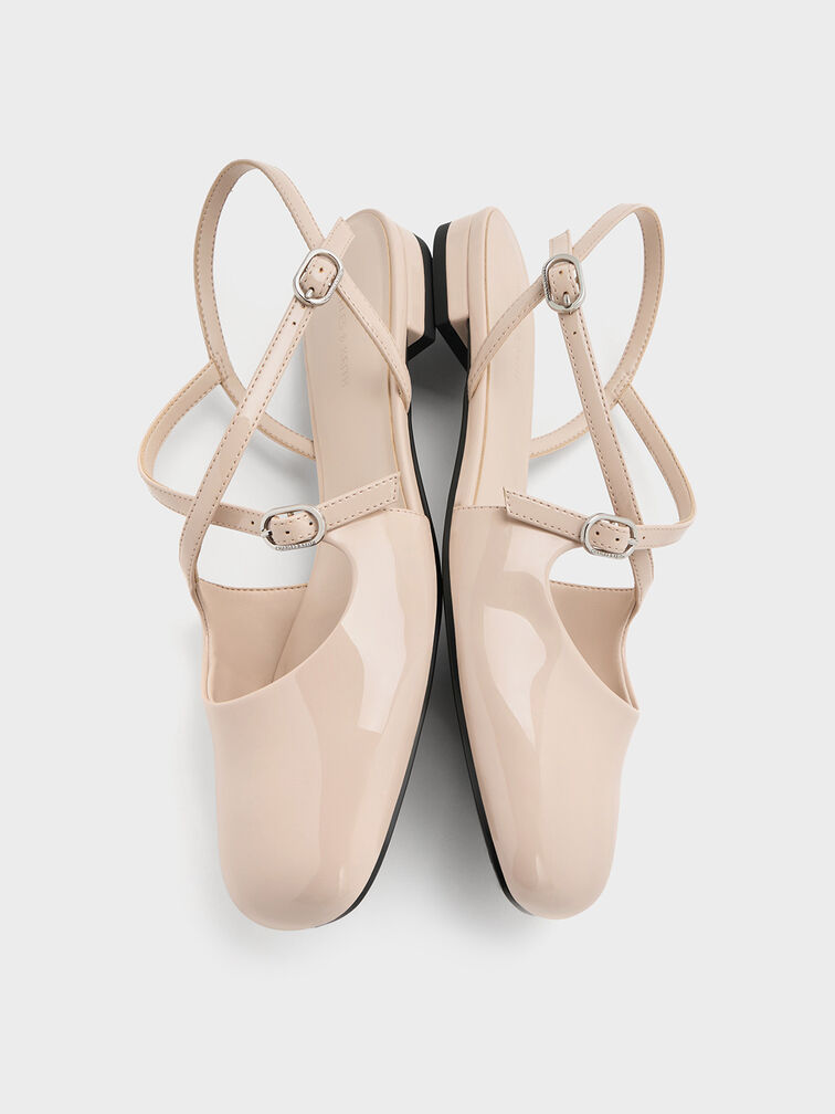 Patent Crossover Buckled Slingback Flats, Nude, hi-res