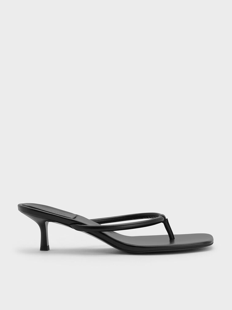 Square-Toe Kitten-Heel Thong Sandals, Black, hi-res