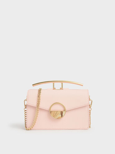 Stone Embellished-Buckle Shoulder Bag, Light Pink, hi-res