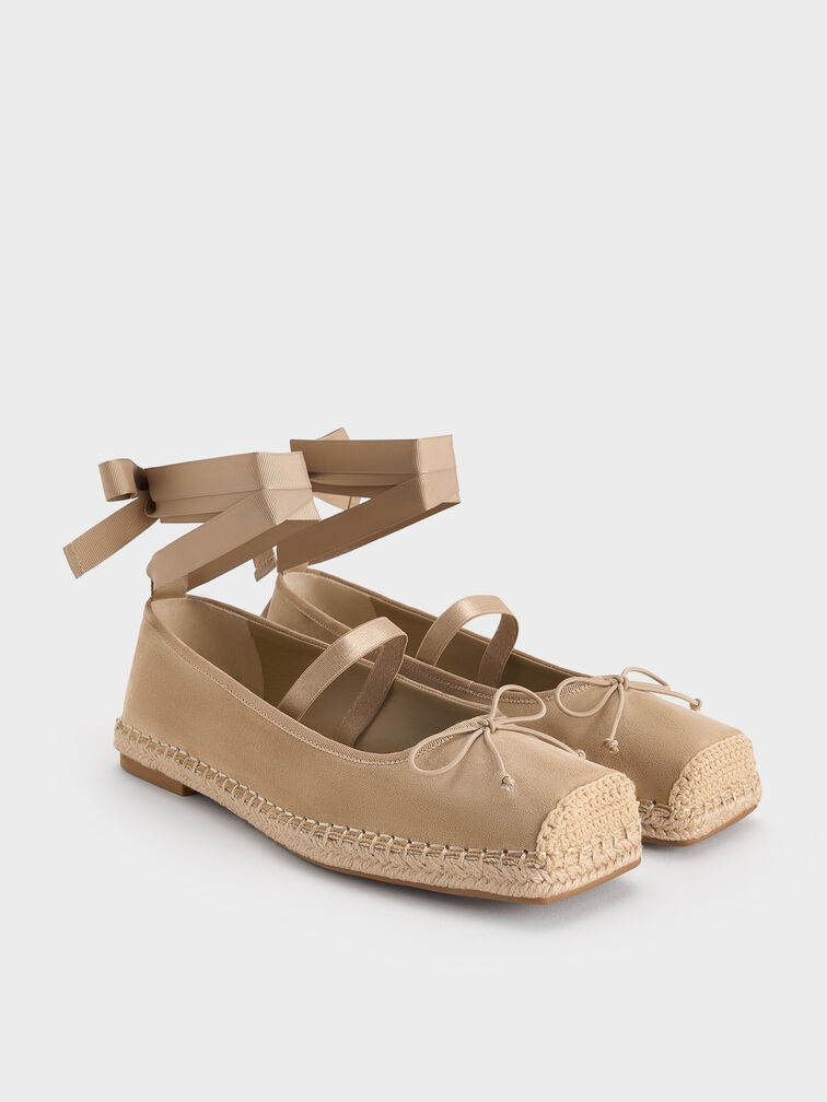 Faux Suede Bow Tie-Around Espadrille Ballet Flats, Sand, hi-res