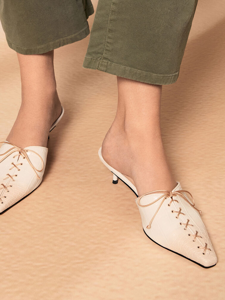 Croc-Effect Lace-Up Pointed-Toe Kitten-Heel Mules, Animal Print Natural, hi-res