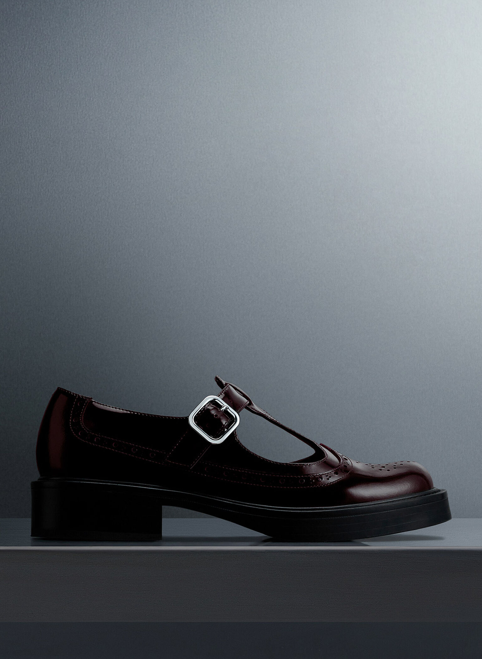 Brogue Leather T-Bar Mary Janes, Maroon, hi-res
