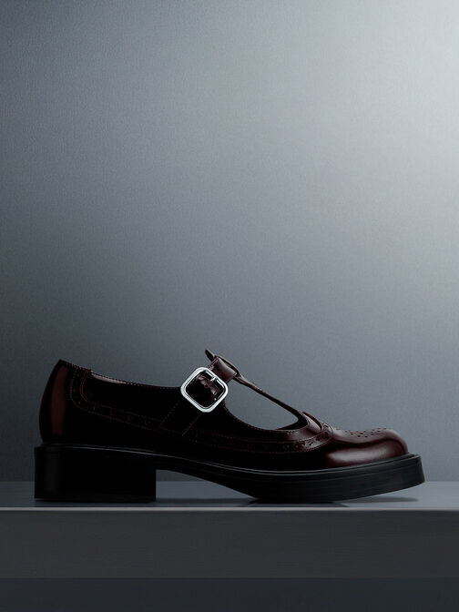 Brogue Leather T-Bar Mary Janes, Maroon, hi-res
