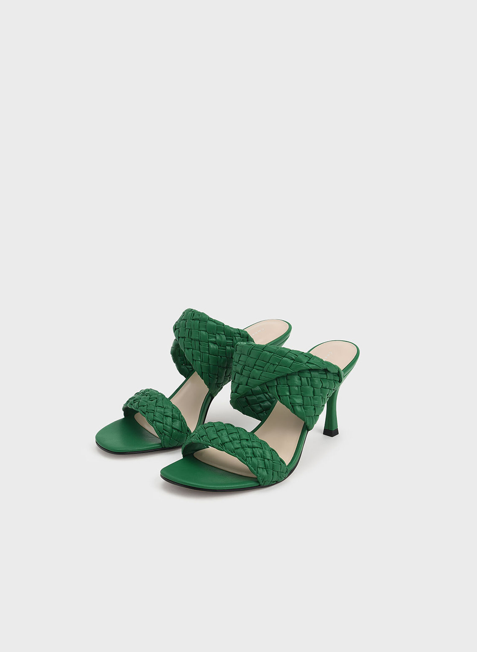 Double Strap Woven Heeled Mules, Green, hi-res