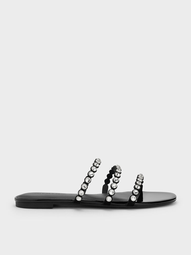 Crystal-Embellished Triple-Strap Sandals, Black Textured, hi-res