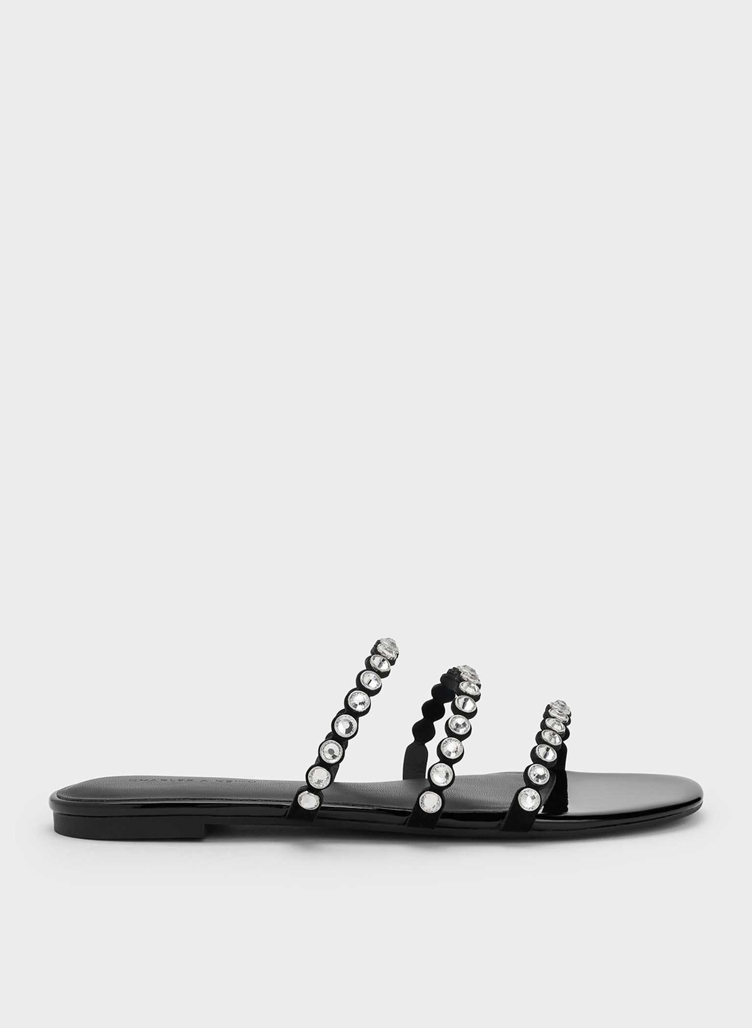 Crystal-Embellished Triple-Strap Sandals, Black Textured, hi-res