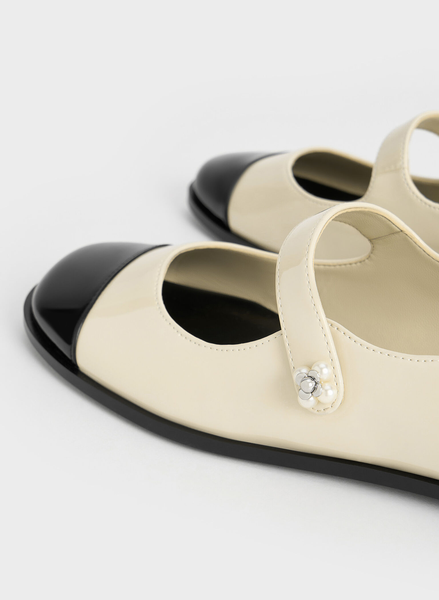 Patent Pearl-Embellished Flower-Buckle Cap-Toe Mary Janes, Chalk, hi-res