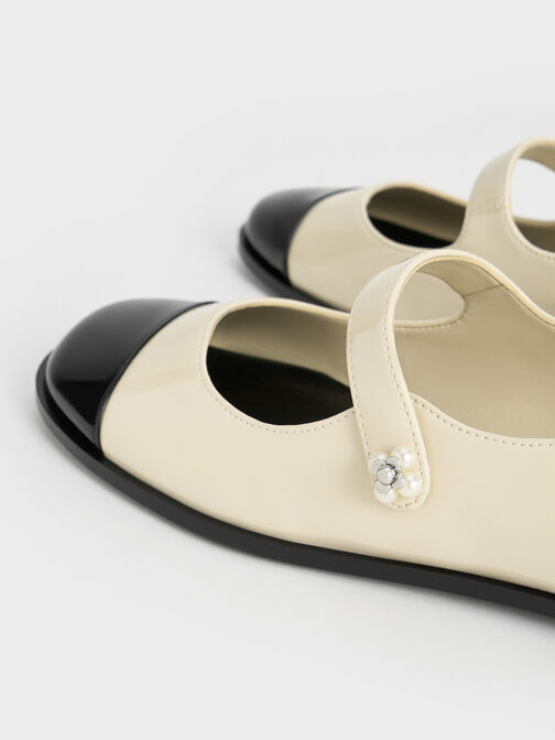 Patent Pearl-Embellished Flower-Buckle Cap-Toe Mary Janes, Chalk, hi-res