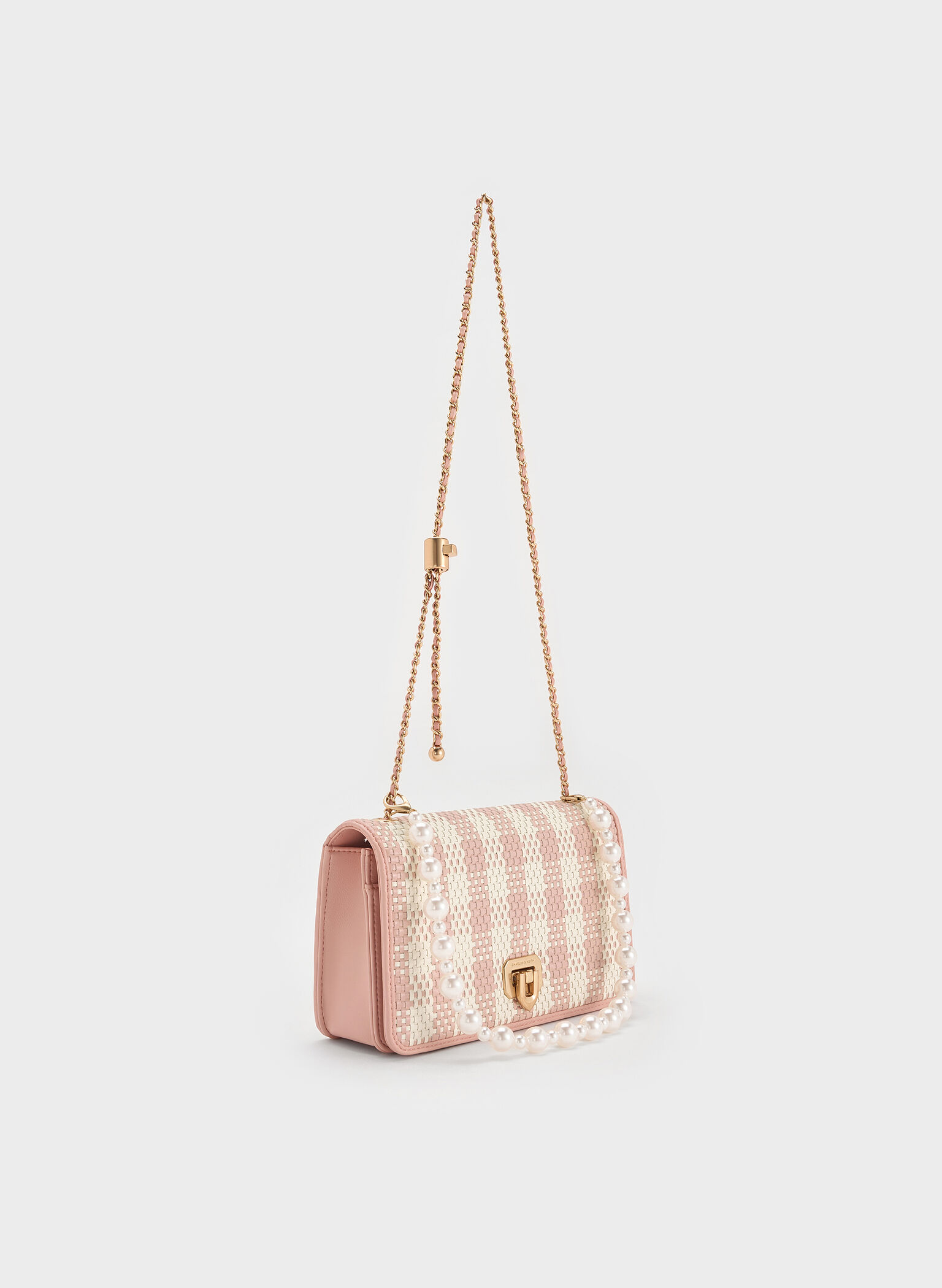 Alessia Checkered Pearl-Embellished Wallet on Chain, Light Pink, hi-res