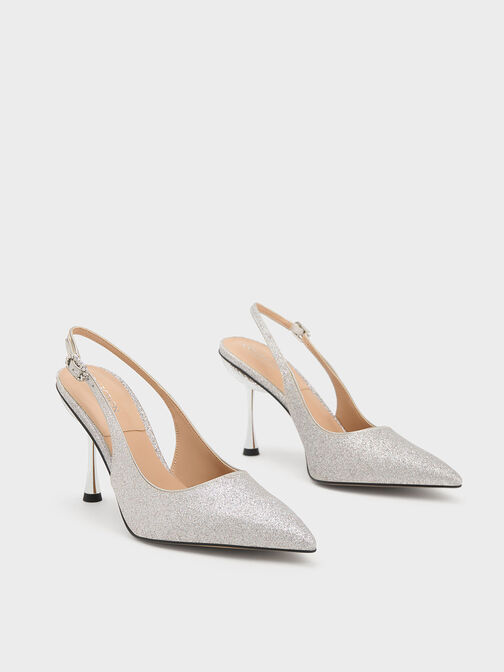 Demi Glittered Slingback Pumps, Silver, hi-res