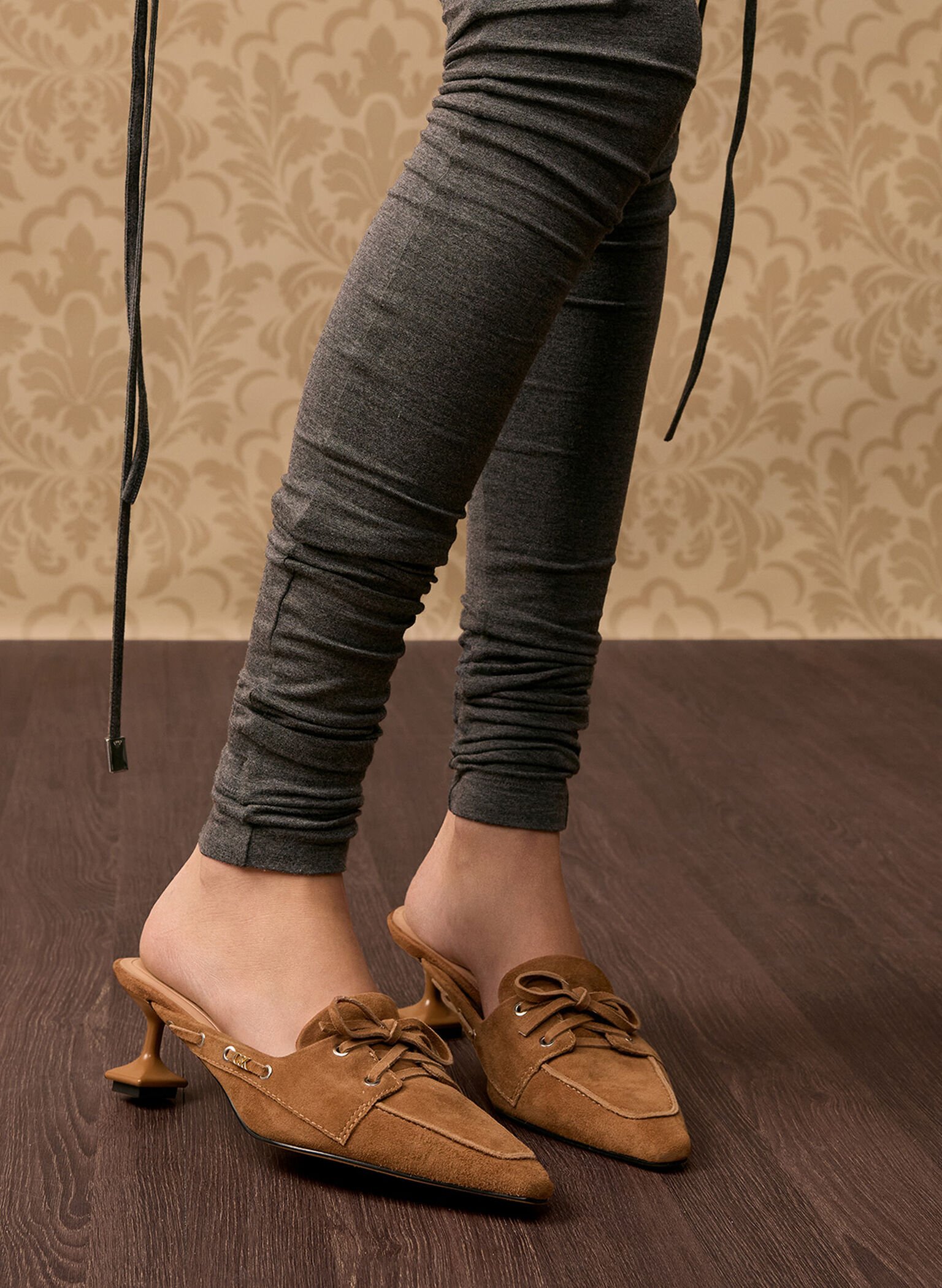 Kori Suede Lace-Up Sculptural-Heel Mules, Cognac, hi-res