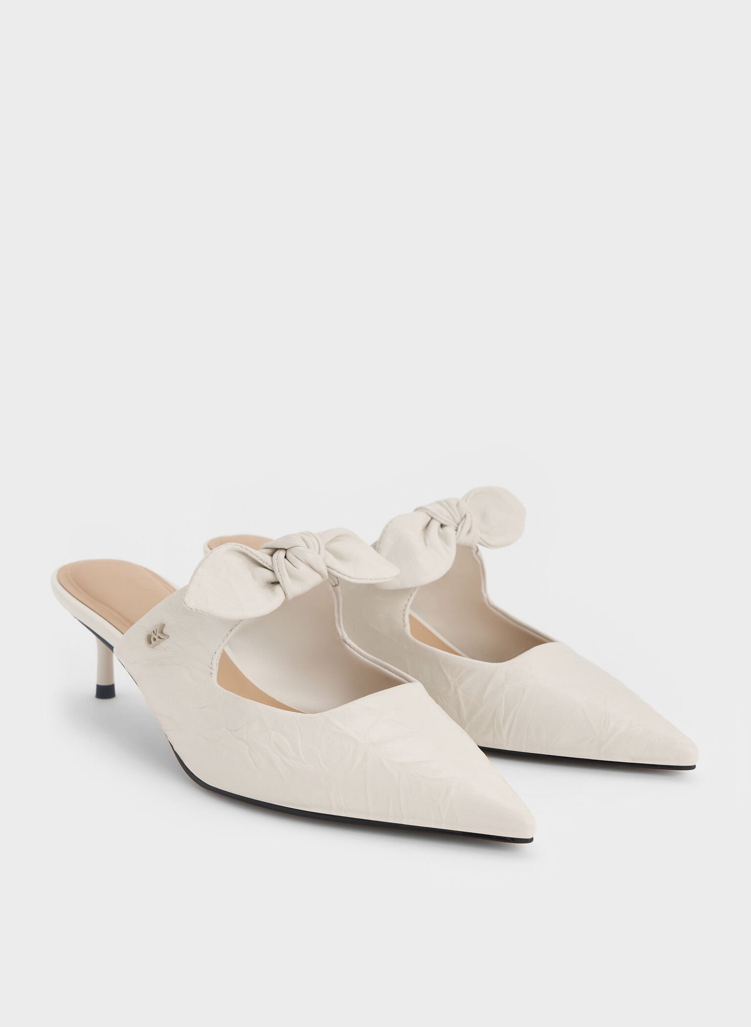 Jayce Crinkle-Effect Leather Knot-Bow Kitten-Heel Mules, White, hi-res