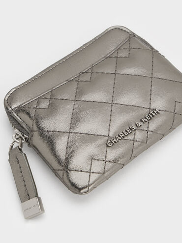 Duo Metallic Quilted Card Holder, Pewter, hi-res