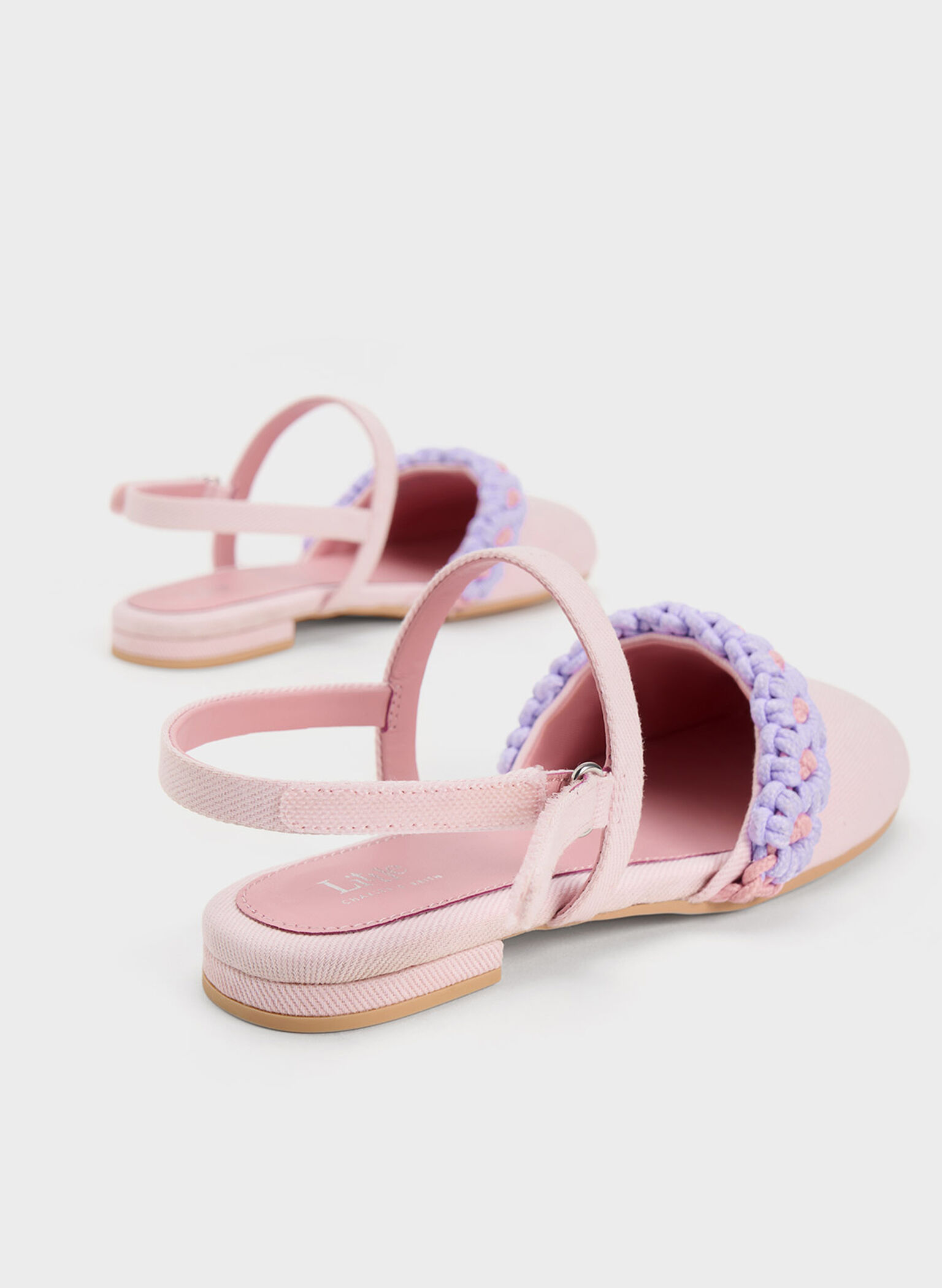 Girls' Floral Crochet Denim Slingback Flats, Pink, hi-res