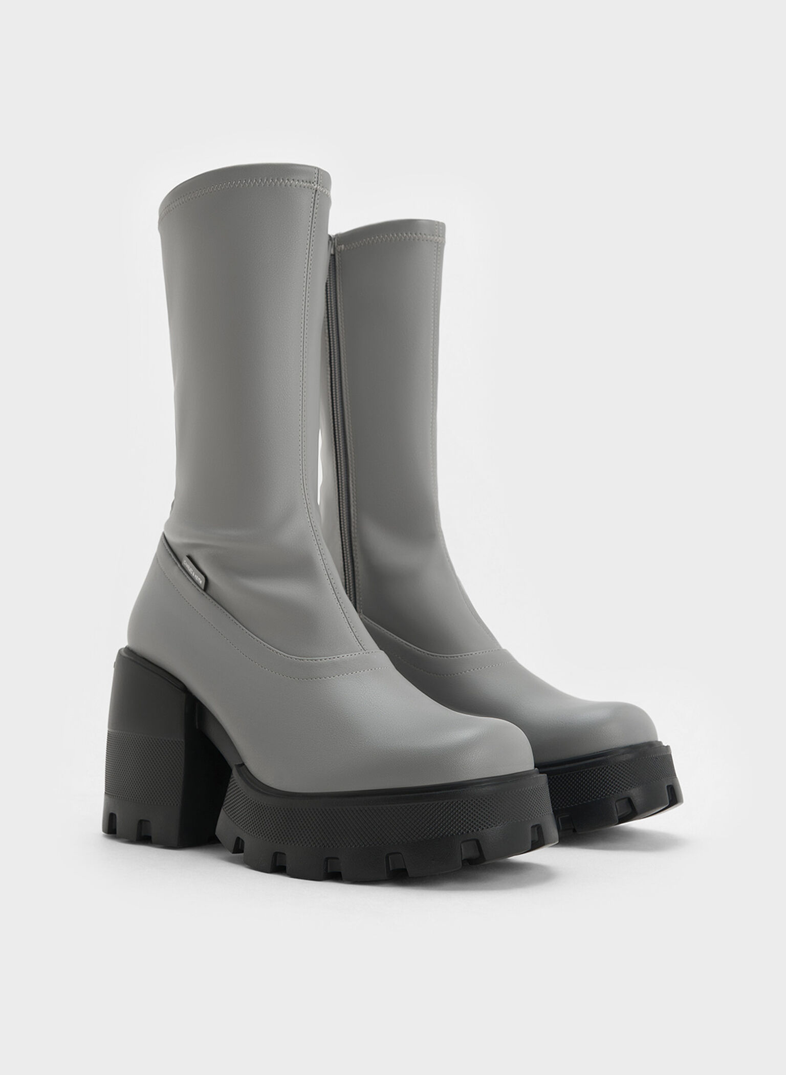 Side-Zip Platform Calf Boots, Grey, hi-res