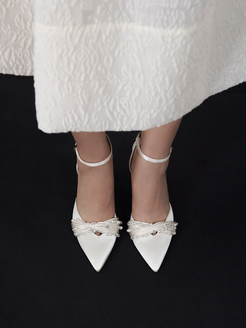 Leda Beaded Satin Ankle-Strap Pumps, White, hi-res