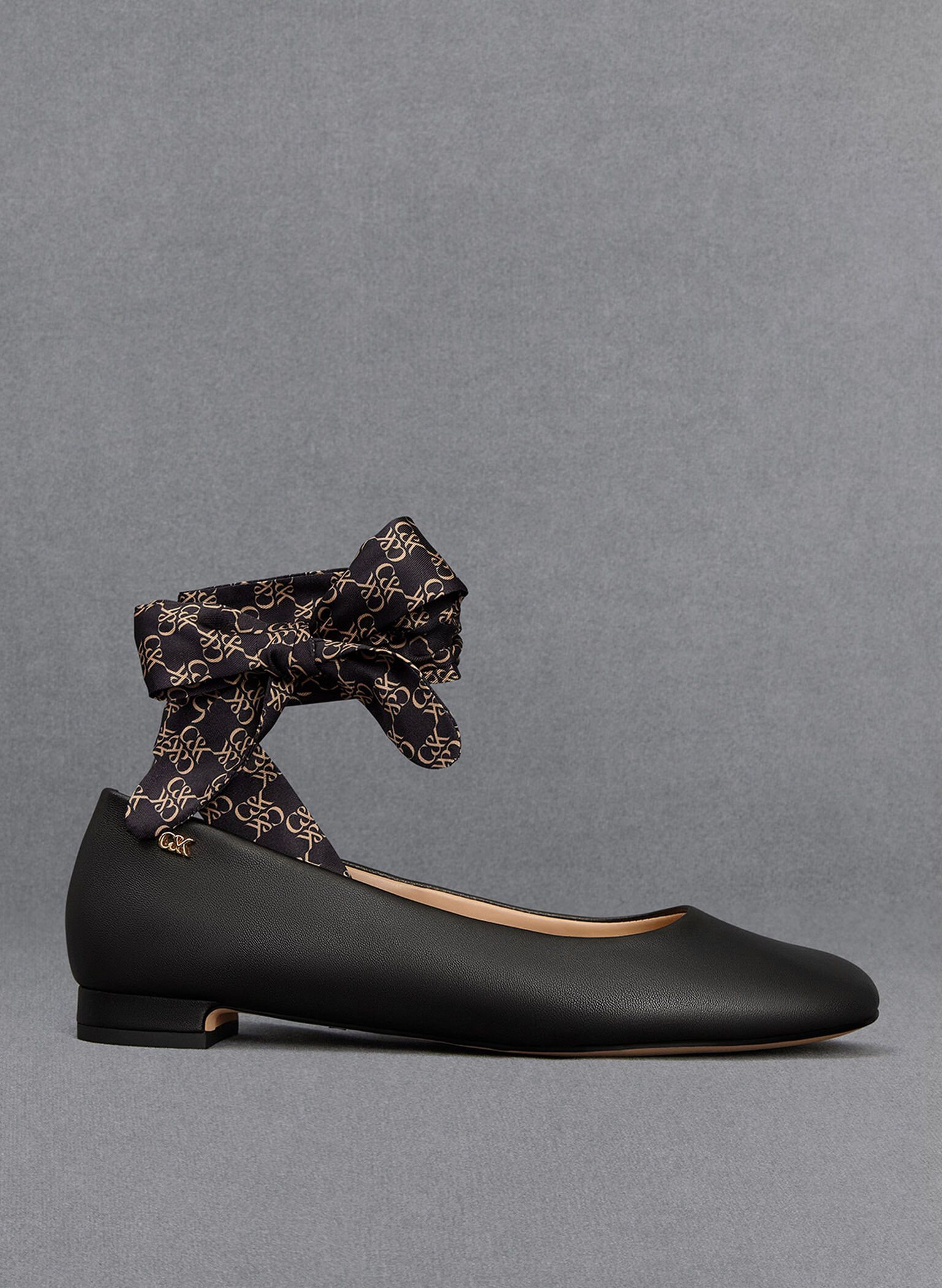 Leather Monogram Tie-Around Ballet Flats, Black, hi-res