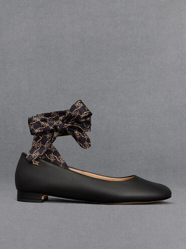Leather Monogram Tie-Around Ballet Flats, Black, hi-res