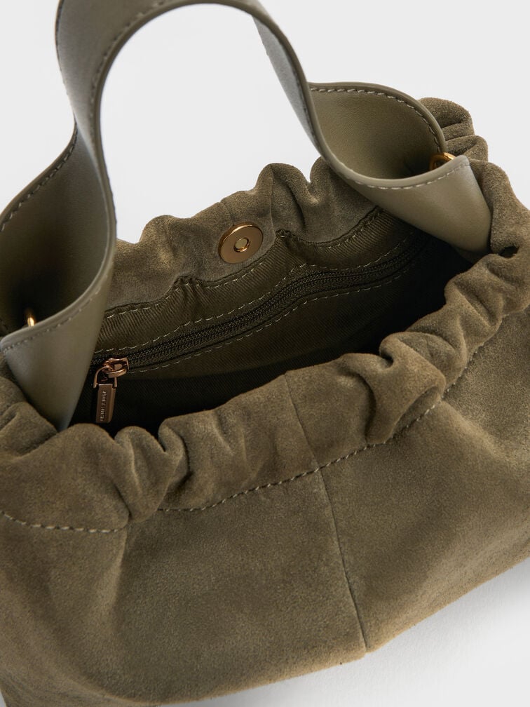 Ally Recycled Suede Ruched Slouchy Chain-Handle Bag, Deep Olive, hi-res