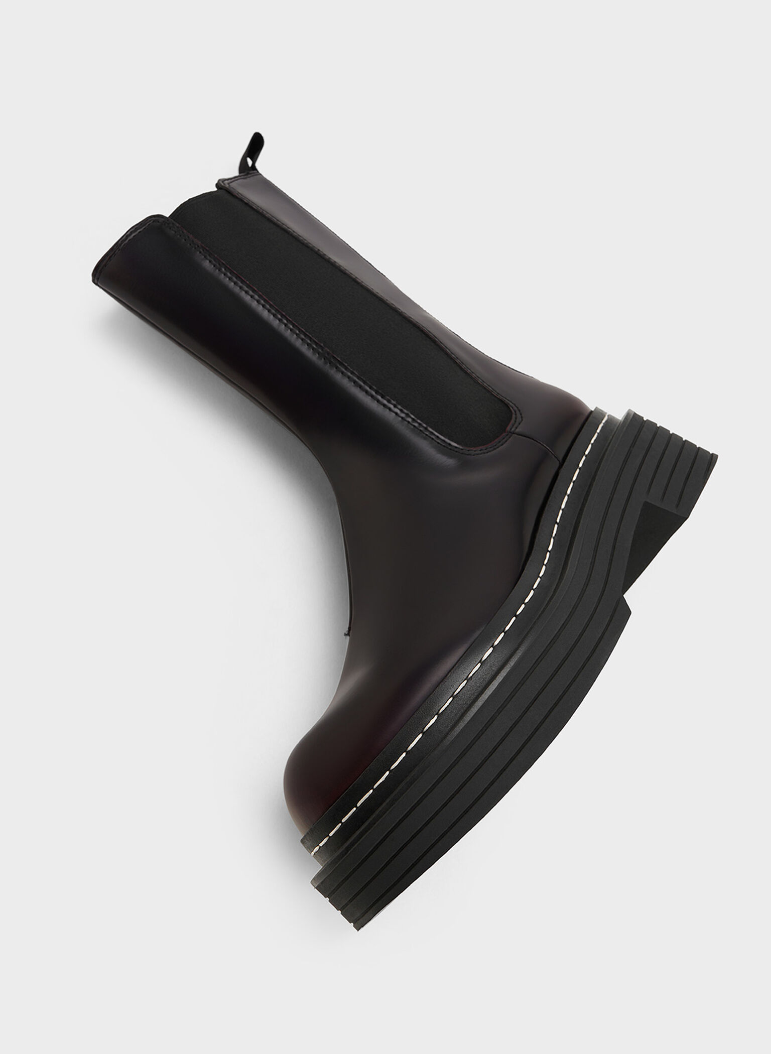 Stitch-Trim Platform Mid-Calf Chelsea Boots, Burgundy, hi-res