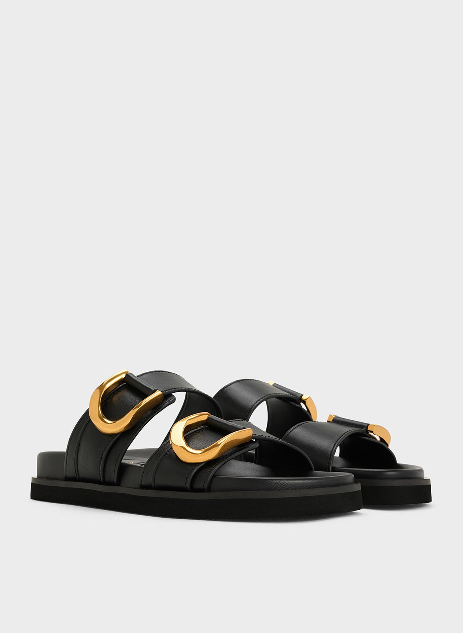 Gabine Buckled Leather Slides, Black, hi-res