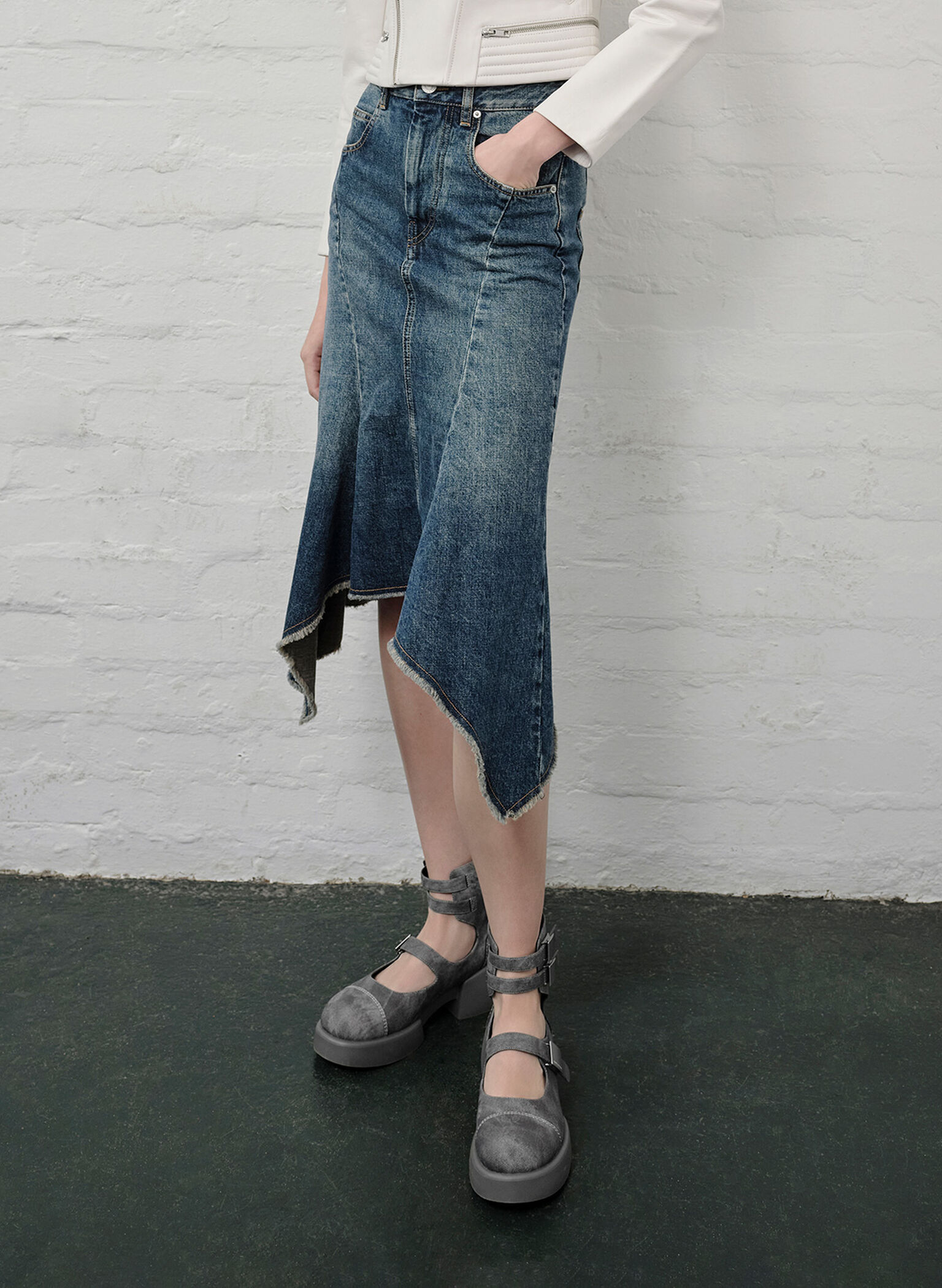 Robbie Denim-Effect Ankle-Strap Mary Jane Boots, Dark Grey, hi-res