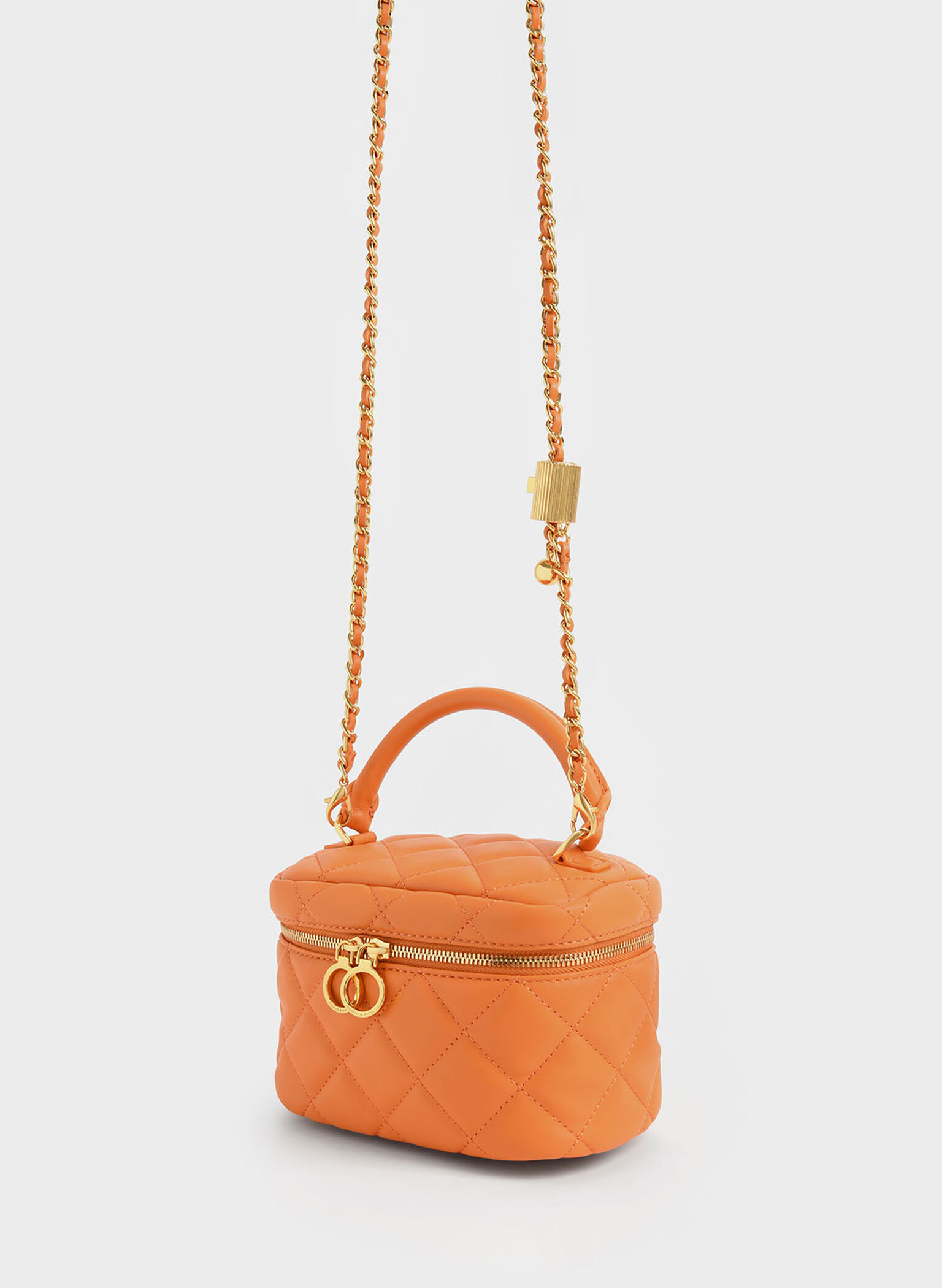 Quilted Two-Way Zip Mini Bag, Orange, hi-res