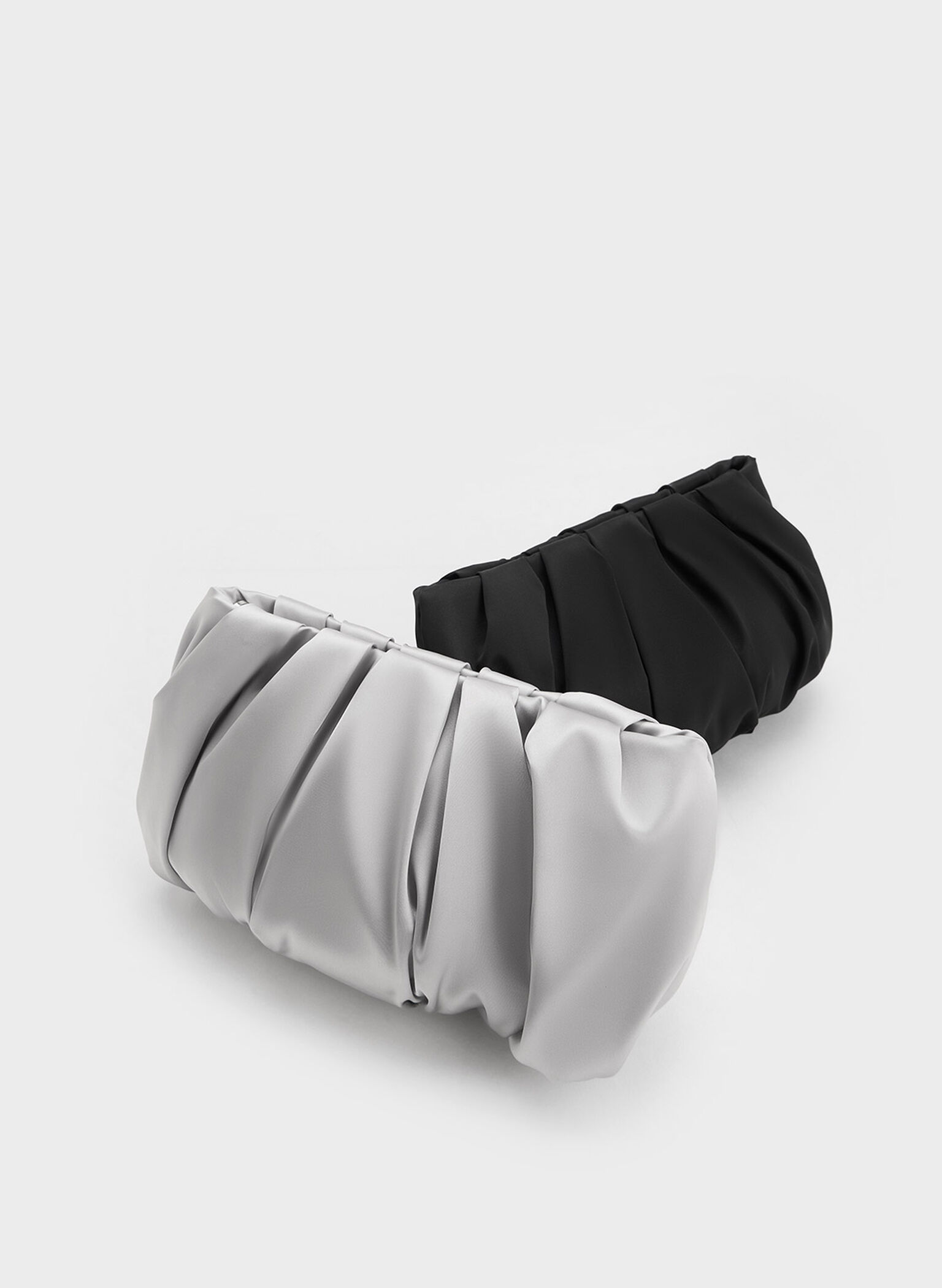 Satin Ruched Bead-Handle Bag, Noir, hi-res
