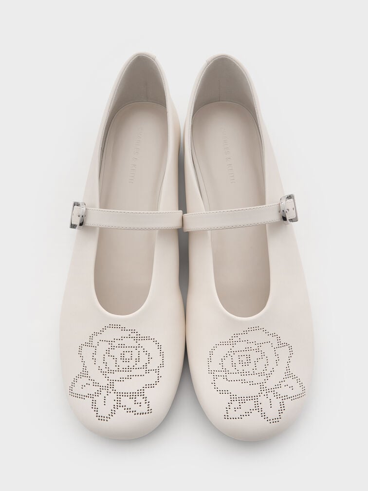 Perforated Rose High-Vamp Mary Janes, Chalk, hi-res