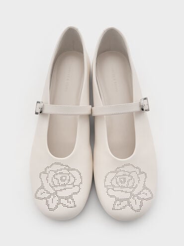 Perforated Rose High-Vamp Mary Janes, Chalk, hi-res