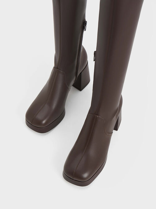 Evie Platform Block-Heel Knee-High Boots, Dark Brown, hi-res