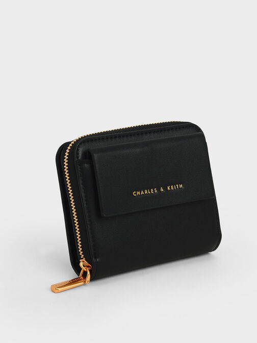 Front Flap Zip-Around Mini Wallet, Black, hi-res